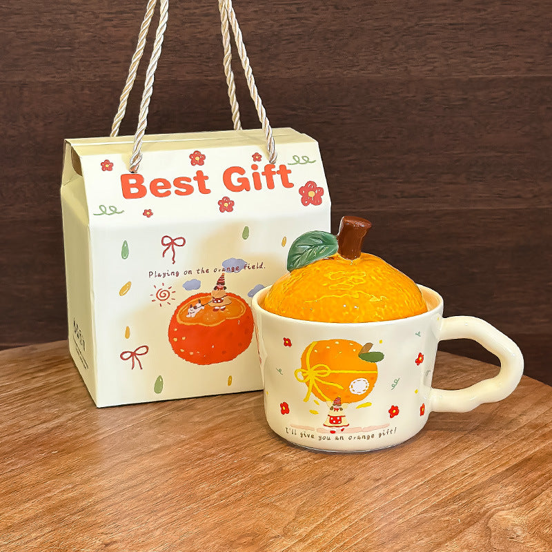 Cute Orange-Shaped Ceramic Mug with Fruit Lid & Gift Box | Aesthetic 330ml Irregular Coffee Cup with Wavy Handle for Office & Birthday Gift