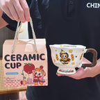 Cute Cartoon Pedestal Ceramic Mug with Two-Tone Handle & Gift Box | Aesthetic 380ml Wavy Footed Coffee Cup for Girls & Birthday Present
