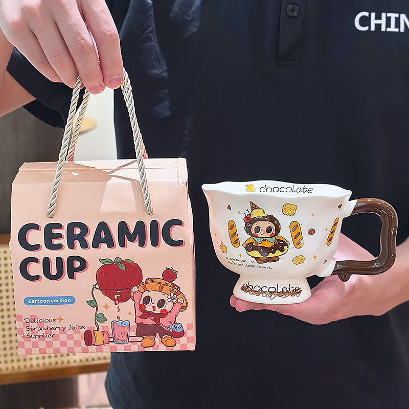 Cute Cartoon Pedestal Ceramic Mug with Two-Tone Handle & Gift Box | Aesthetic 380ml Wavy Footed Coffee Cup for Girls & Birthday Present