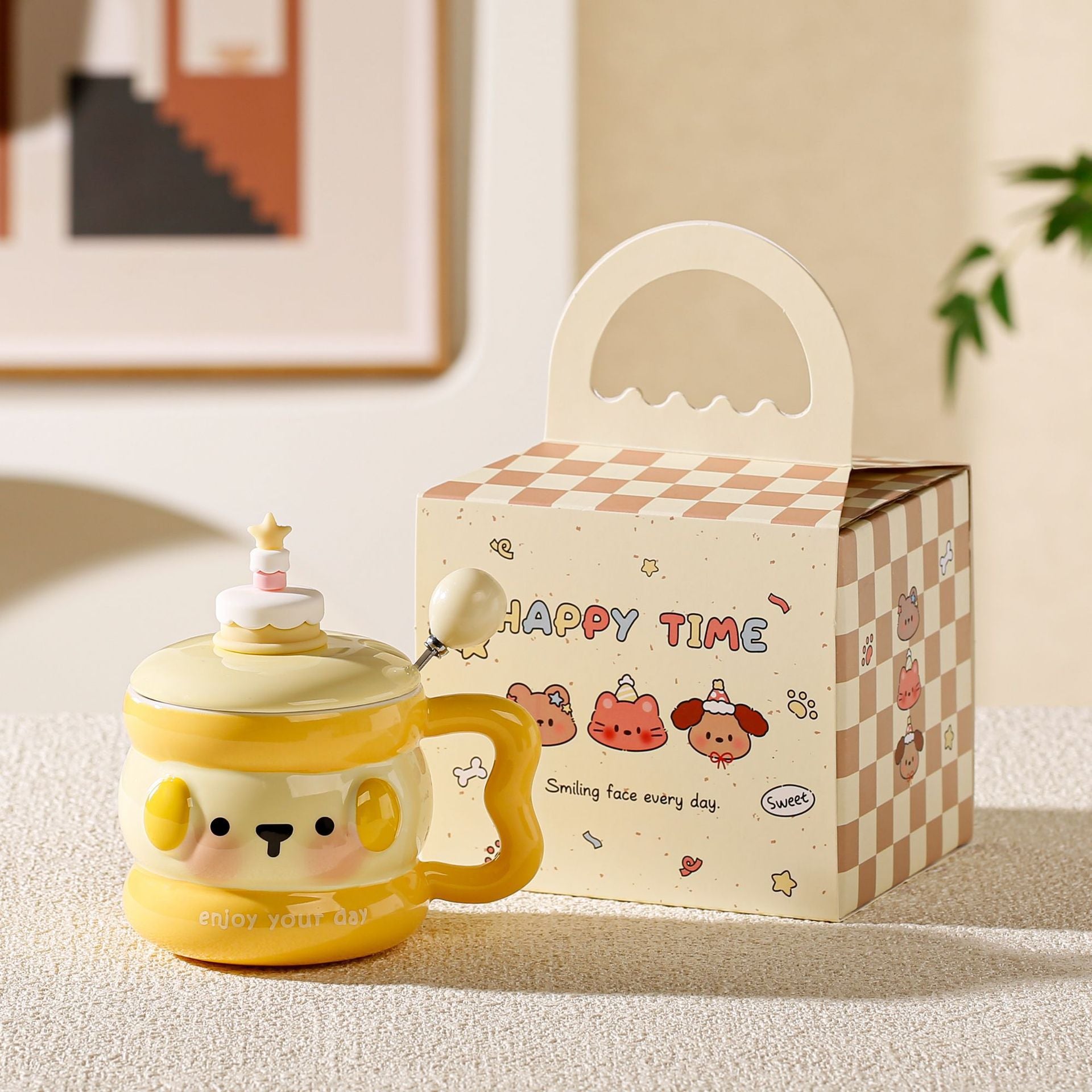 cute animal ceramic mug with lid on cozy desk setup