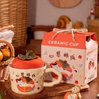 cute persimmon cat ceramic mug with lid on cozy coffee table