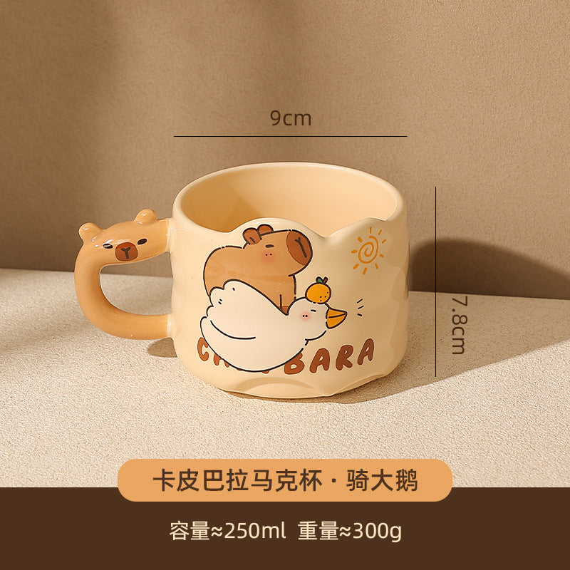 Cute Capybara Ceramic Mug with Animal Silhouette Handle | Aesthetic 300ml Wavy Coffee Cup & Water Glass for Office & Home
