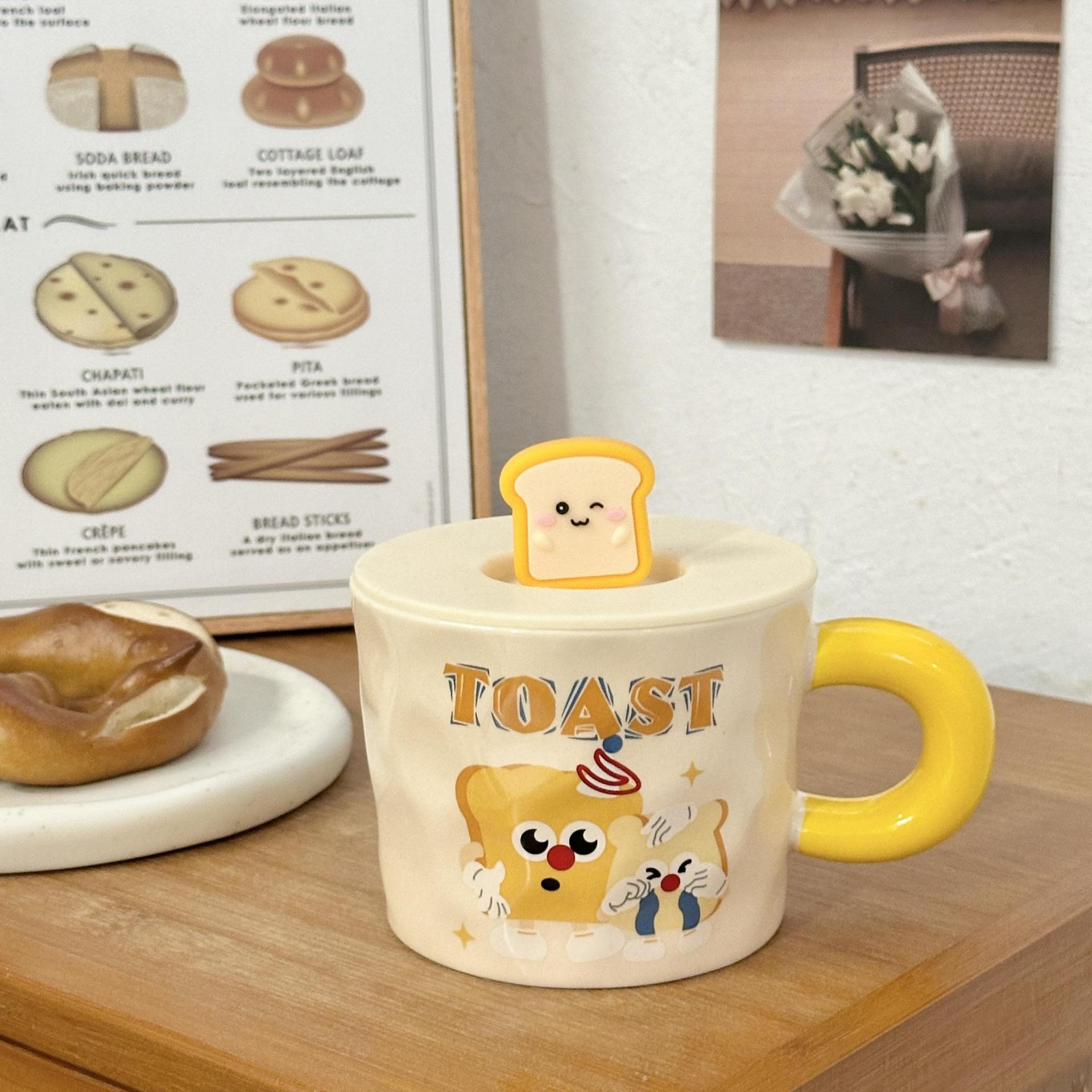 Cute Bread Ceramic Mug With Lid