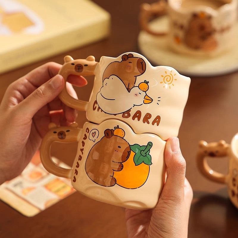 Cute Capybara Ceramic Mug with Animal Silhouette Handle | Aesthetic 300ml Wavy Coffee Cup & Water Glass for Office & Home