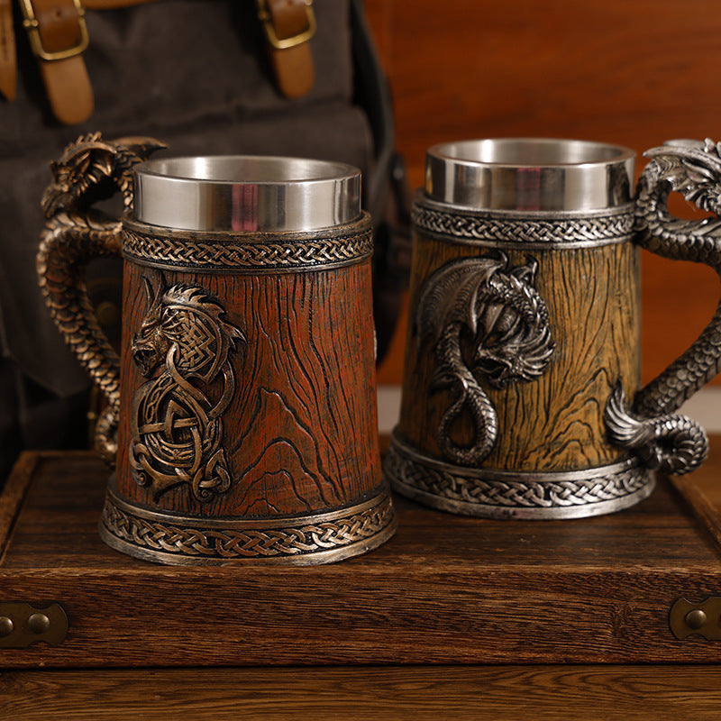 Mythical Dragon Medieval Tavern Beer Mug - Insulated Stainless Steel Tankard with Dragon Handle