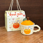 Cute Orange-Shaped Ceramic Mug with Fruit Lid & Gift Box | Aesthetic 330ml Irregular Coffee Cup with Wavy Handle for Office & Birthday Gift
