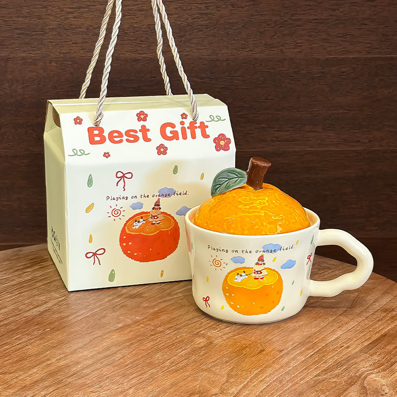 Cute Orange-Shaped Ceramic Mug with Fruit Lid & Gift Box | Aesthetic 330ml Irregular Coffee Cup with Wavy Handle for Office & Birthday Gift
