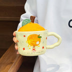 Cute Orange-Shaped Ceramic Mug with Fruit Lid & Gift Box | Aesthetic 330ml Irregular Coffee Cup with Wavy Handle for Office & Birthday Gift