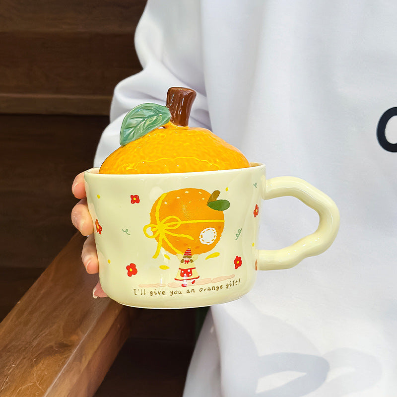 Cute Orange-Shaped Ceramic Mug with Fruit Lid & Gift Box | Aesthetic 330ml Irregular Coffee Cup with Wavy Handle for Office & Birthday Gift