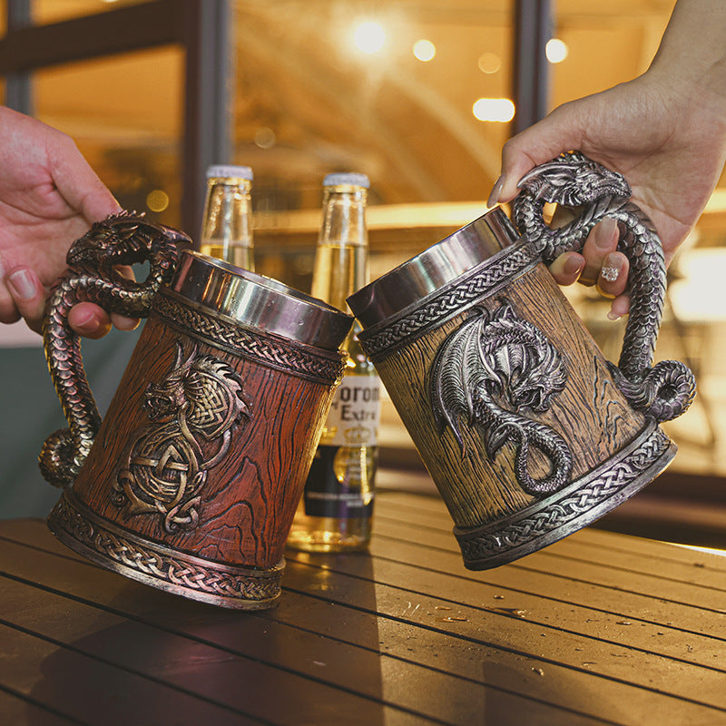 Mythical Dragon Medieval Tavern Beer Mug - Insulated Stainless Steel Tankard with Dragon Handle