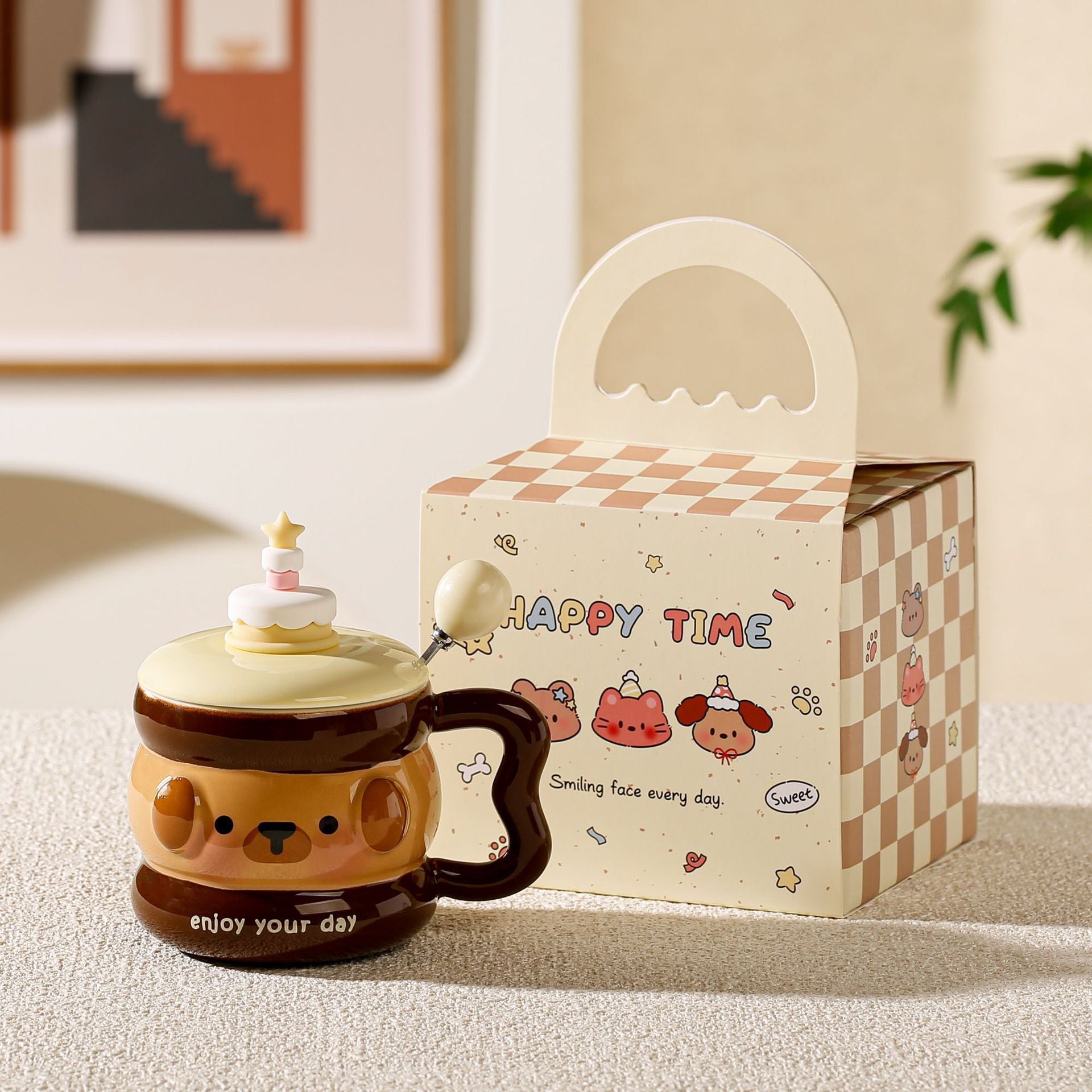 cute animal ceramic mug with lid on cozy desk setup