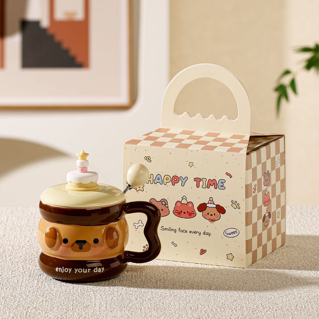 cute animal ceramic mug with lid on cozy desk setup