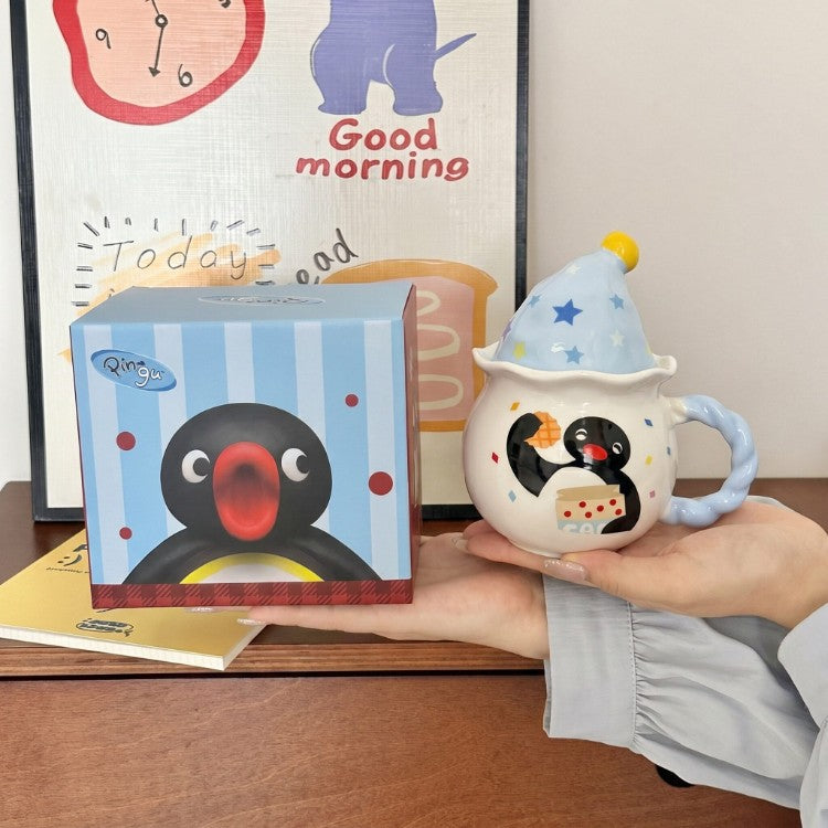 Cute Penguin Ceramic Mug with Sleeping Hat Lid & Twist Handle | Aesthetic Chubby Coffee Cup with Matching Gift Box for Office & Birthday Present
